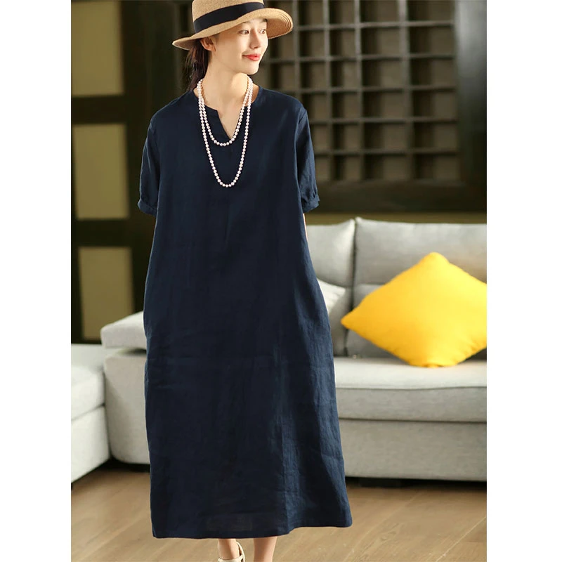 夏季简约V领复古短袖棉麻连衣裙女胖MM气质薄款文艺休闲过膝长裙