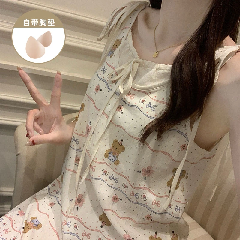 夏季带胸垫一体吊带睡裙女款2025爆款无袖日系卡通裙子睡衣家居服