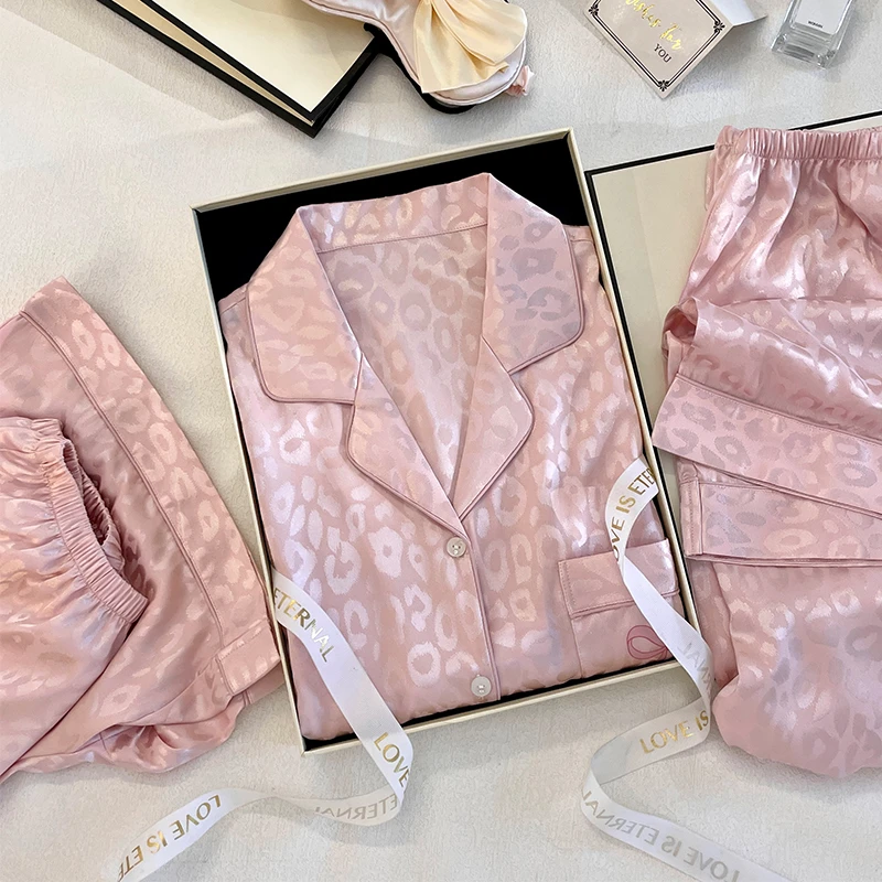 春季新款粉色豹纹常规款甜美风宽松居家舒适睡衣女款可外穿家居服