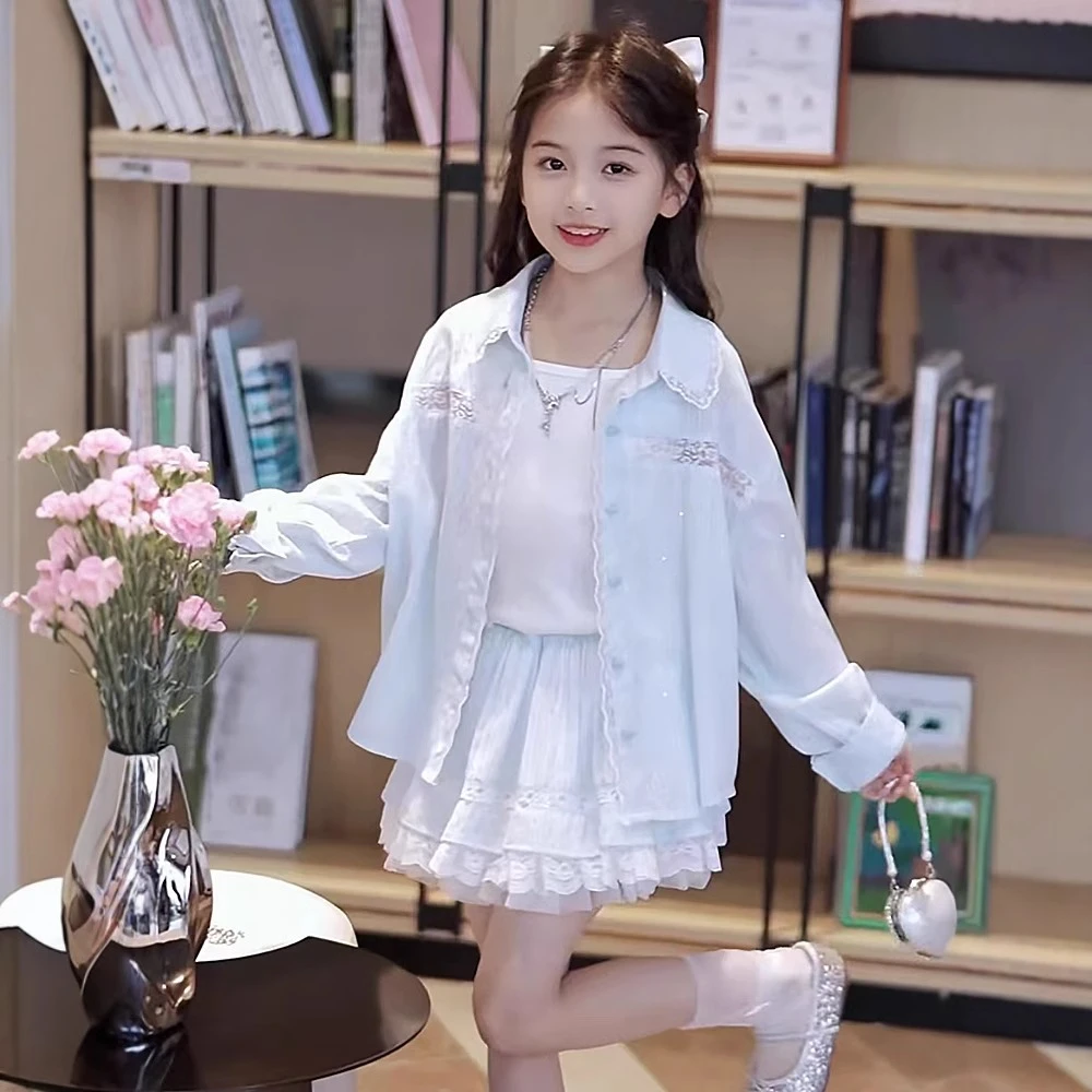 韩系女童夏季网红潮流防晒服衬衫时尚蛋糕裙半身裙两件套洋气可爱