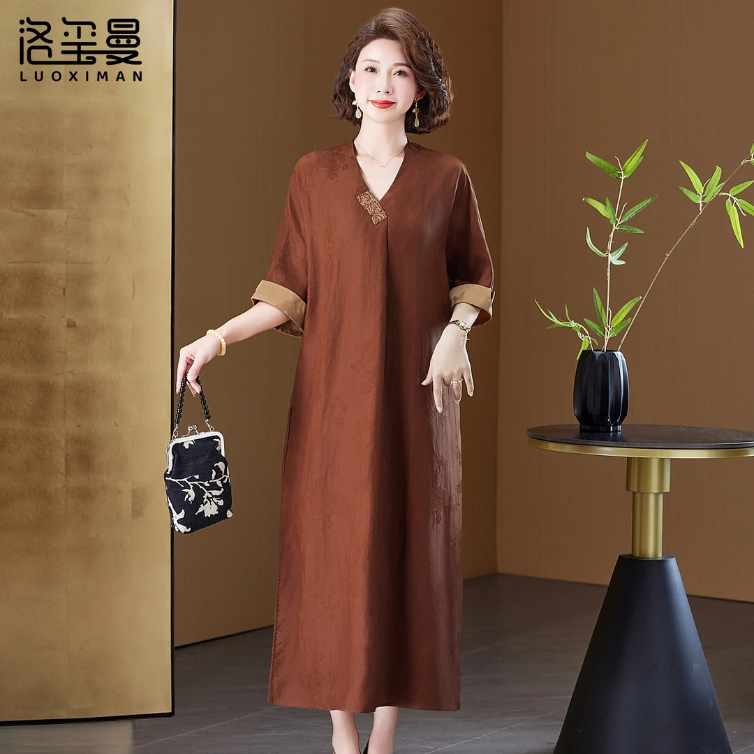 洛玺曼红云纱春夏A字裙V领常规套头连衣裙大码女装妈妈装洋气旗袍