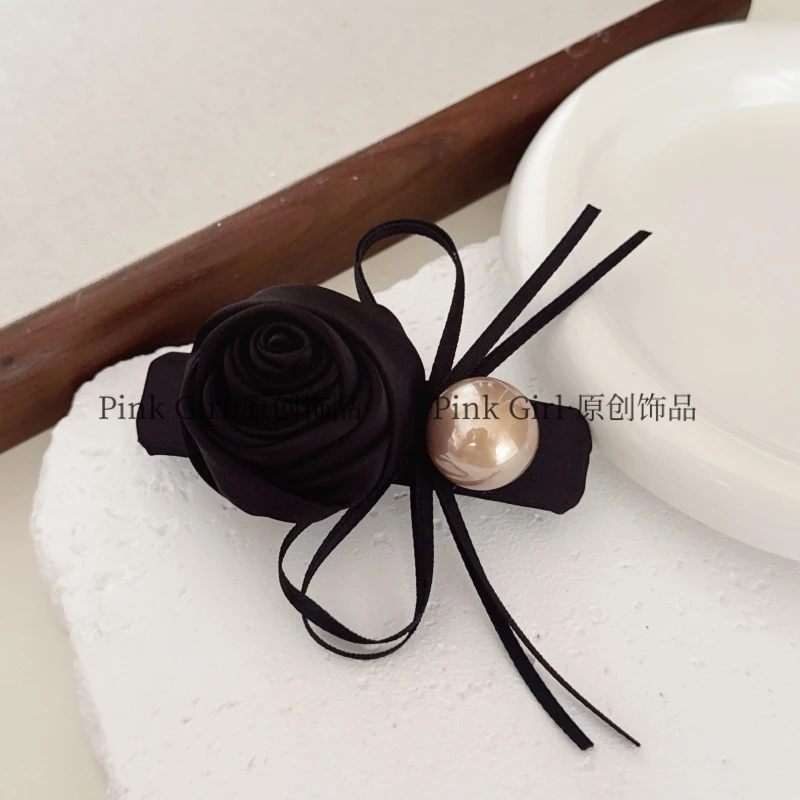 Pink Girl  T118秋季新款花朵小丝带弹簧夹8cm黑色复古优雅发夹