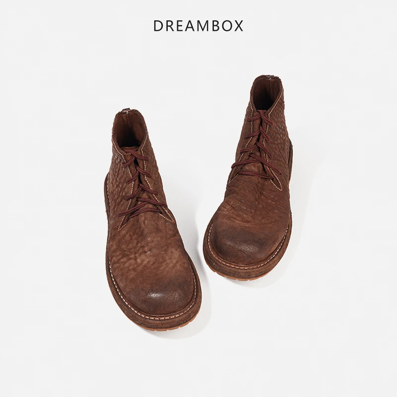 dreambox钧博vibram缩纹马臀皮沙漠靴潮酷个性马丁靴粗跟短靴