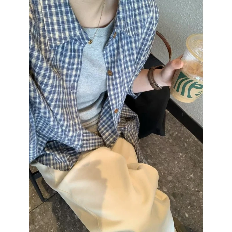松弛感复古蓝色长袖格子衬衫上衣男女春秋季宽松内搭外穿衬衣外套