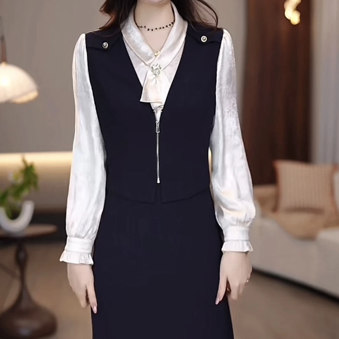 高档斜纹精纺假两件连衣裙2025春季新款收腰显瘦中长款妈妈礼服裙