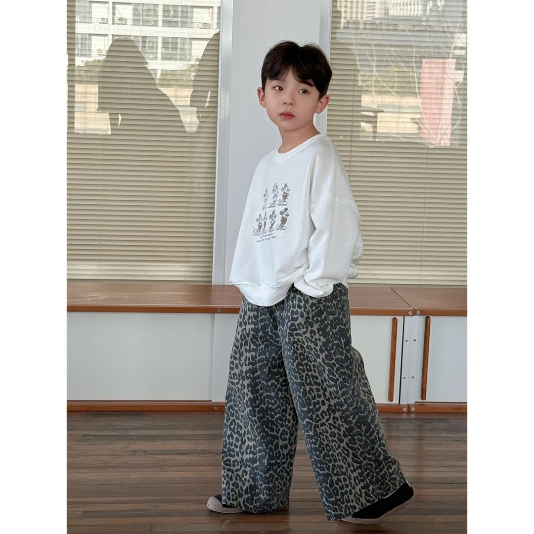 LJ-90526-男童裤子2025春季新款韩版儿童长裤痞帅豹纹阔腿裤潮