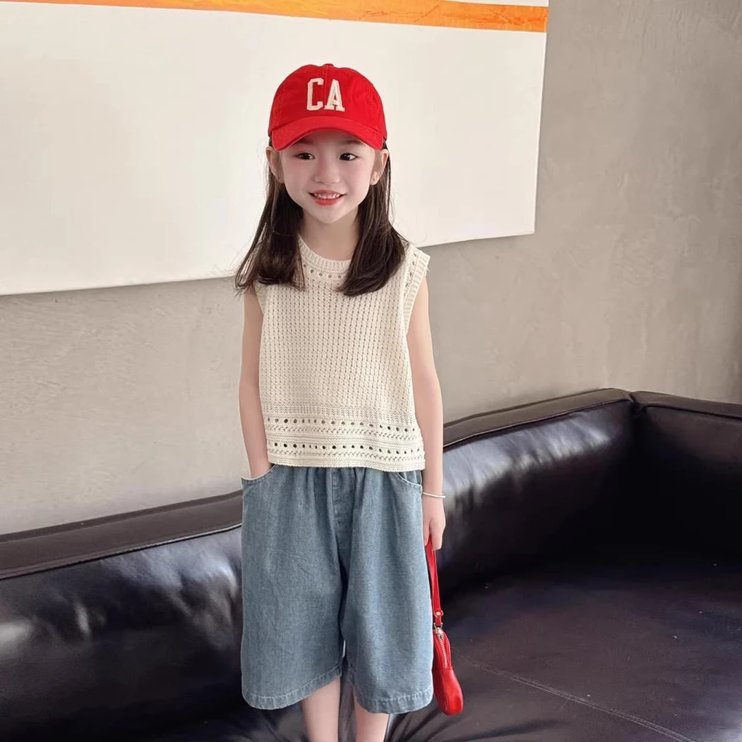 女童夏季套装2025夏装儿童韩版新款镂空马甲背心洋气阔腿裤两件套