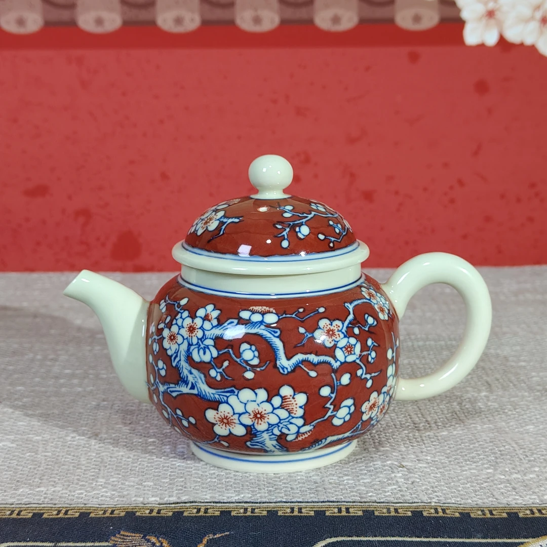 景德镇陶瓷黄稀土青花釉里红冰梅茶壶茶具功夫茶壶柴窑手绘茶壶