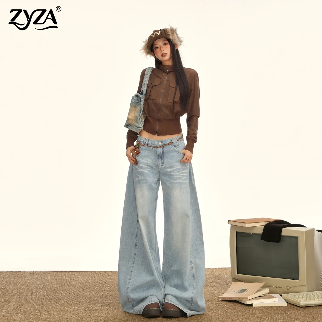 ZYZA浅色阔腿牛仔裤女秋冬新款美式复古低腰宽松慵懒风直筒拖地裤