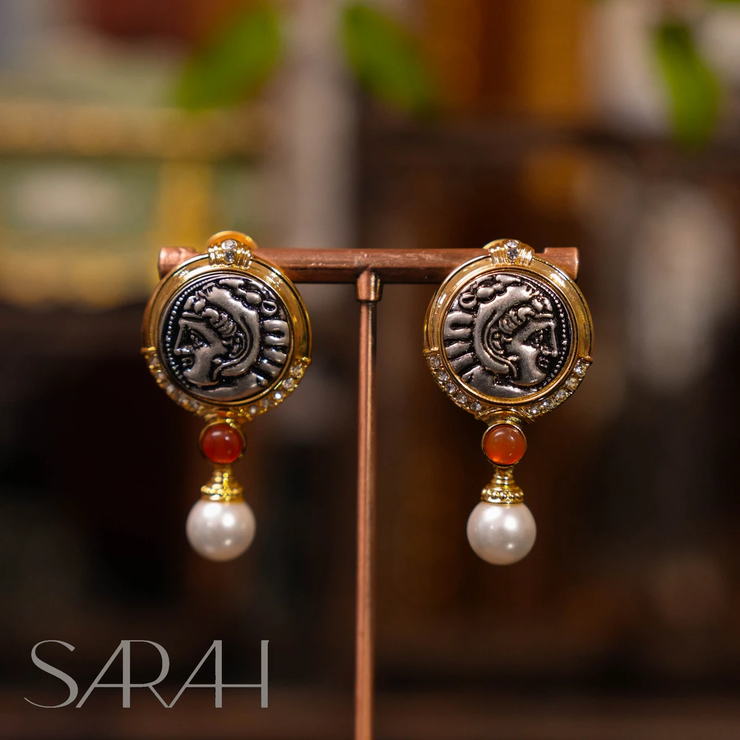 纯铜仿珍珠耳饰 DearLisa.精工系列 古币珠珠吊坠 925银针 耳钉