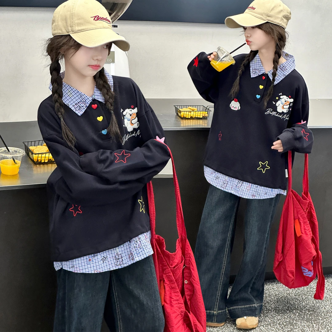 秋季2025新款女童洋气套装休闲宽松牛仔阔腿裤假两件长袖两件套潮