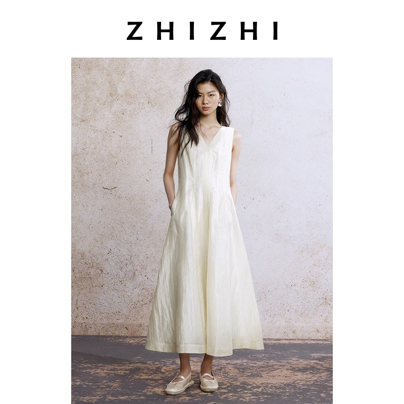 致知 创始人系列 薄媚樱 V领麻感无袖连衣裙女2025夏ZZ2EMWL8018