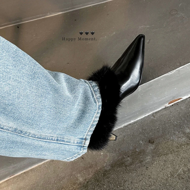 名媛高跟尖头加绒单鞋一脚蹬春秋季半拖细跟水貂毛冬季复古小皮鞋