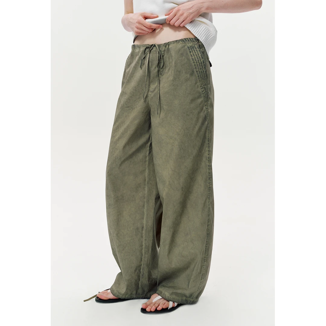 华吉言/HUAJIYAN【橄榄】松紧腰脚口抽绳设计宽松直筒休闲裤