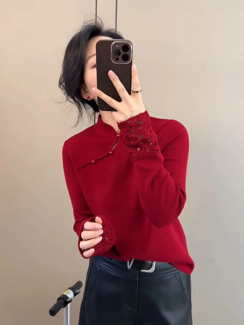 新中式盘扣斜襟针织衫女秋冬通勤显气质内搭打底毛衣红色国风上衣