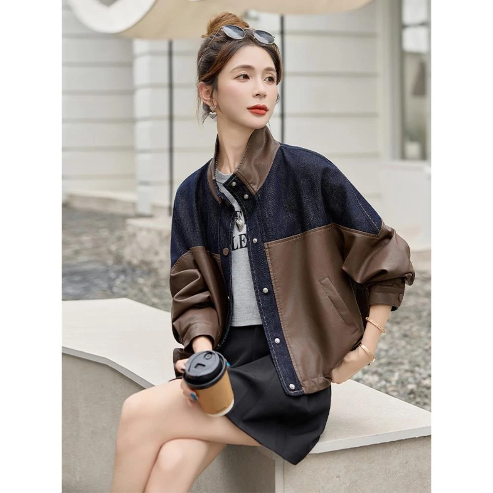 牛仔拼接外套女2025秋冬新款韩系好看宽松百搭立领休闲皮夹克上衣