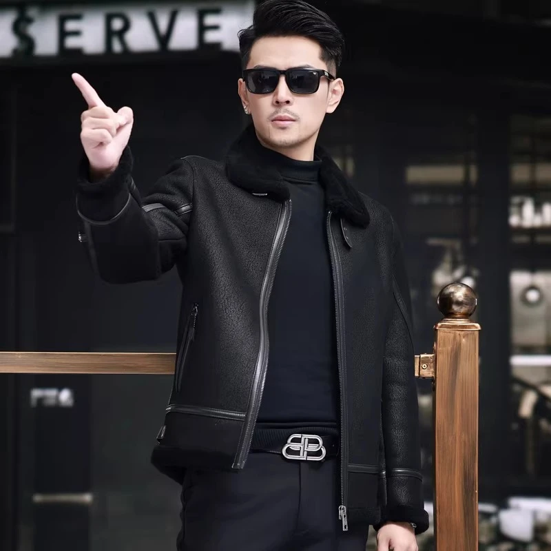 皮毛一体男士外套皮草皮夹克绵羊皮短款加厚羊毛大衣真皮皮衣翻领