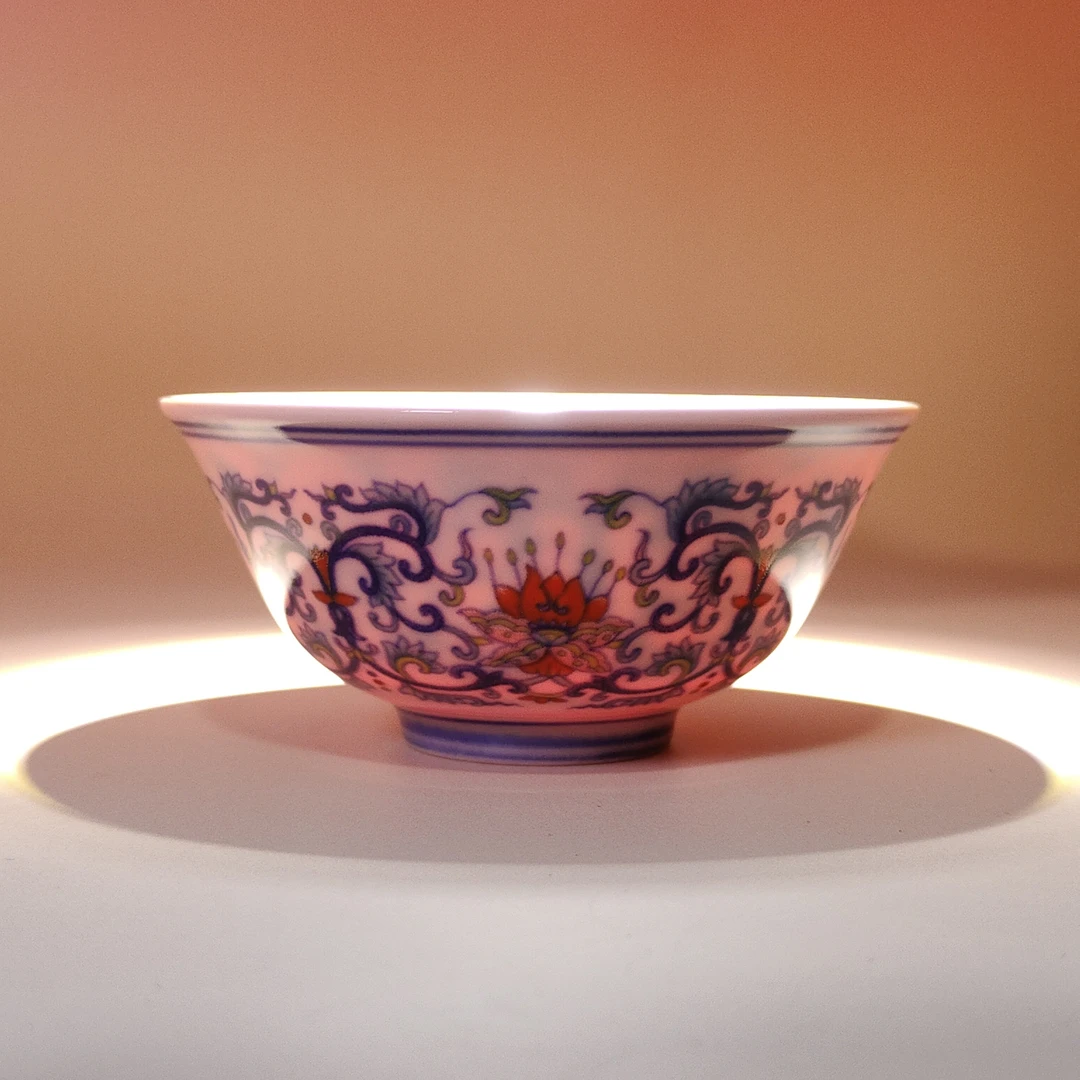 景德镇陶瓷红稀土斗彩缠枝莲茶杯单杯品茗杯家用主人杯泡茶杯