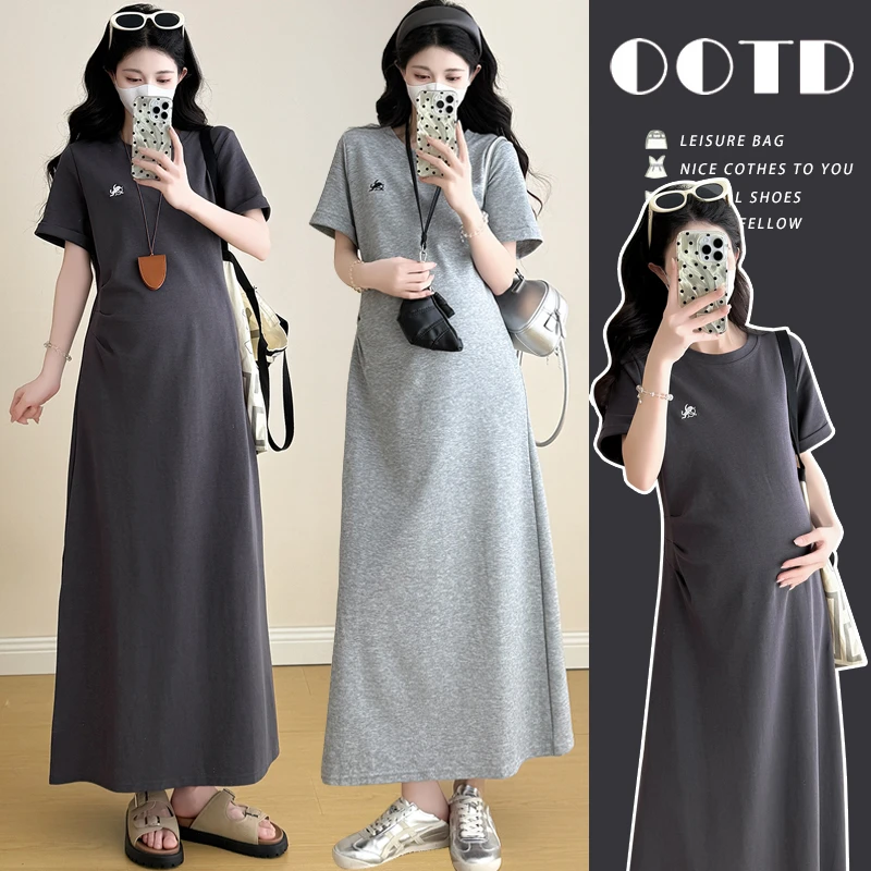 【小清】2025新款夏季圆领刺绣收腰褶皱修身遮肚孕妇连衣裙夏装