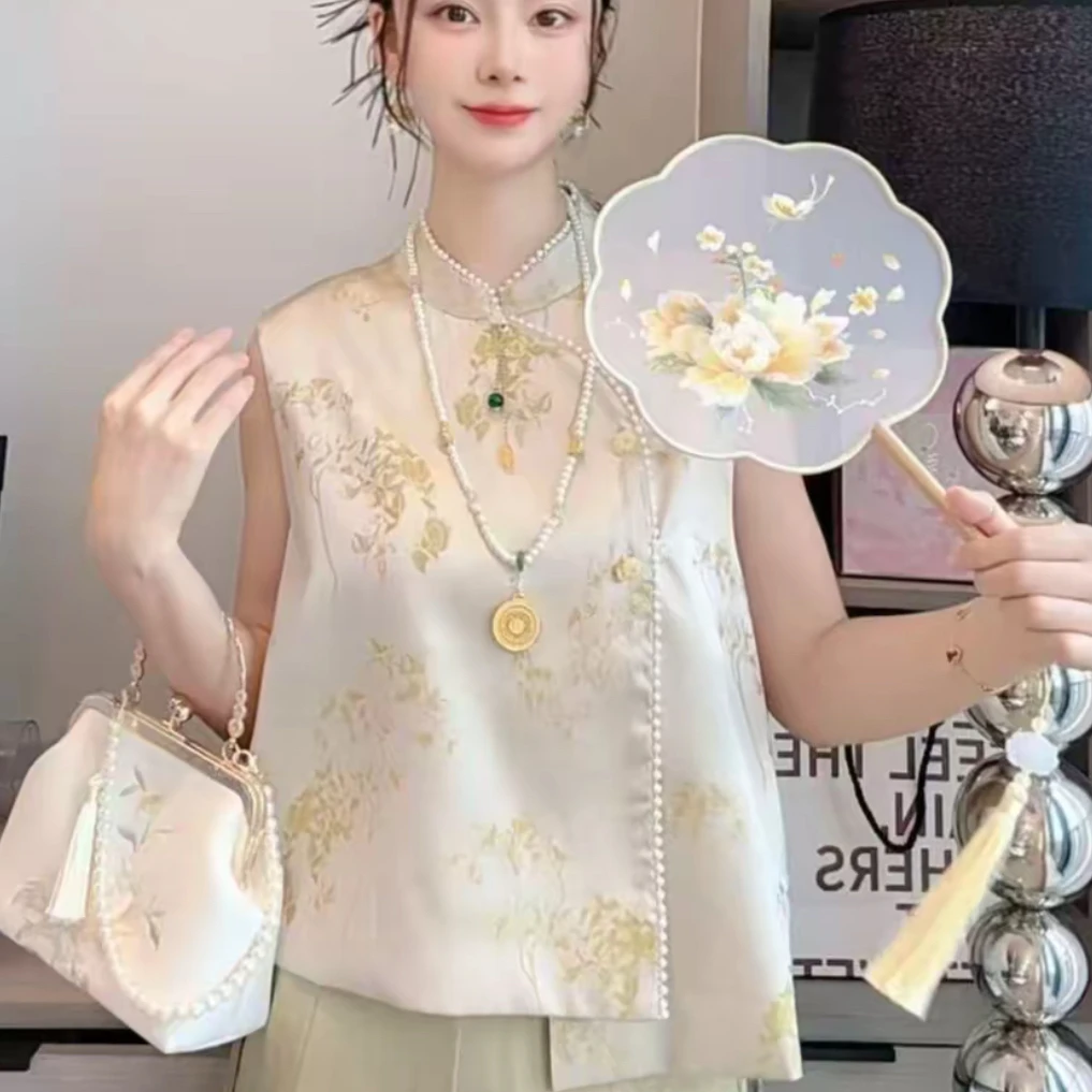 夏季新中式国风时尚气质提花斜襟轻奢重工钉珠马甲