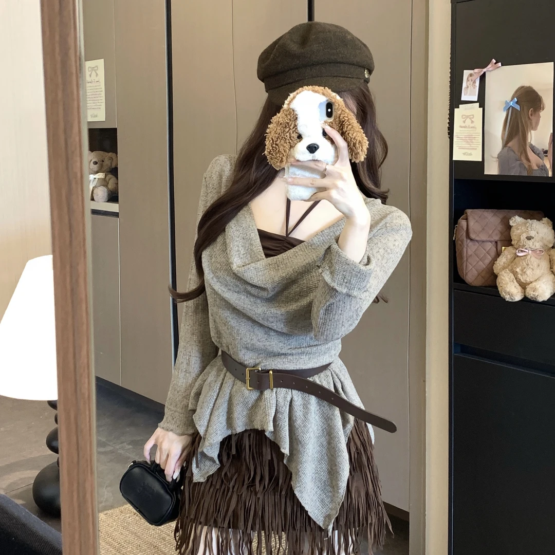 美拉德秋季设计感荡领长袖上衣女2025新款大码修身显瘦t恤