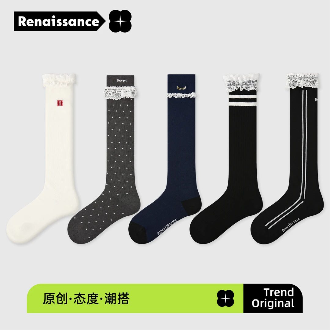 Renai蕾丝堆堆jk袜子女春秋学院风刺绣甜妹韩版秋季百搭中长筒袜