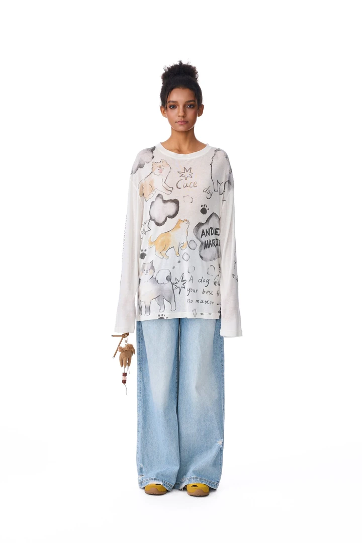 ANDREA MARTIN 2025AW长袖轻薄T恤女水墨印花宽松圆领休闲上衣