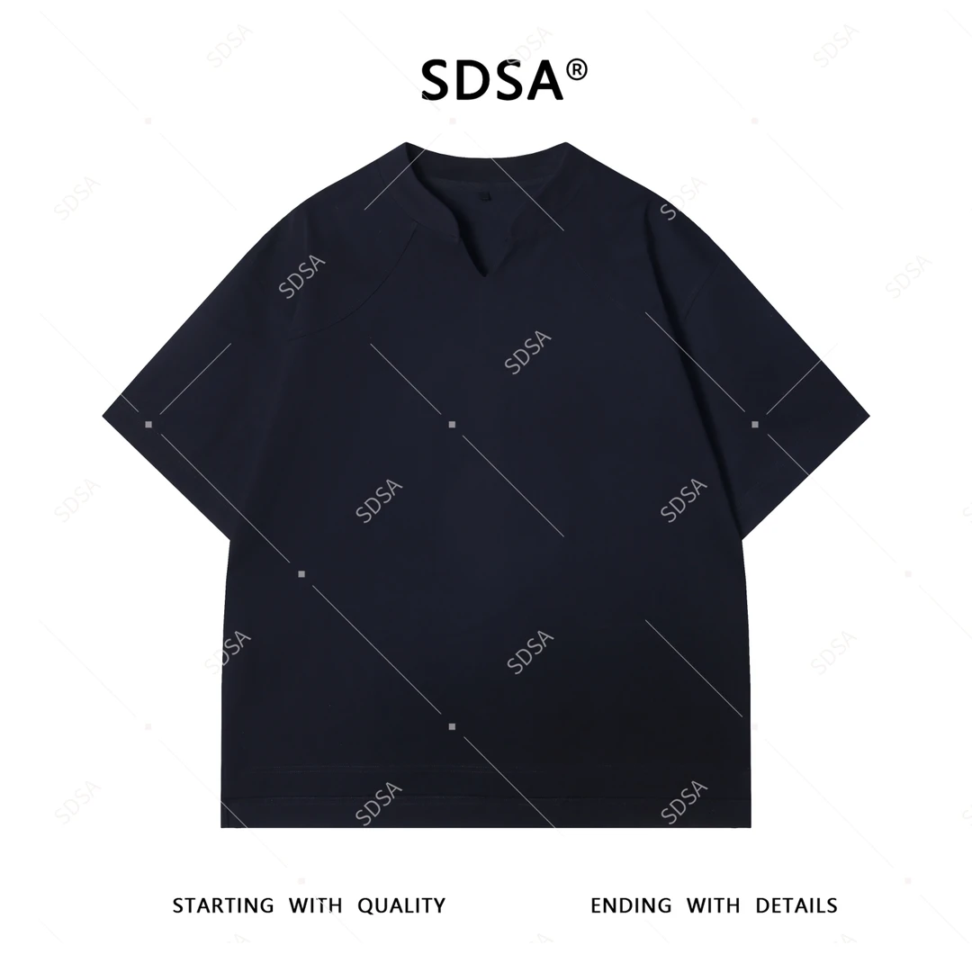 夏季高级感新款男士简约纯色小V领短袖T恤前短后长设计百搭上衣