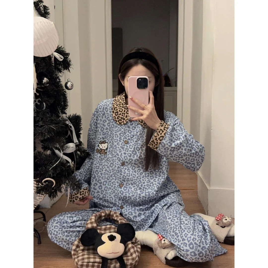 日系卡通凯蒂猫睡衣女春秋季豹纹ins纯棉长袖长裤休闲家居服套装