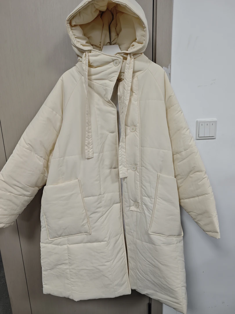 s【沐木流浪记】冬季潮流白色飘带连帽女装棉衣外套z