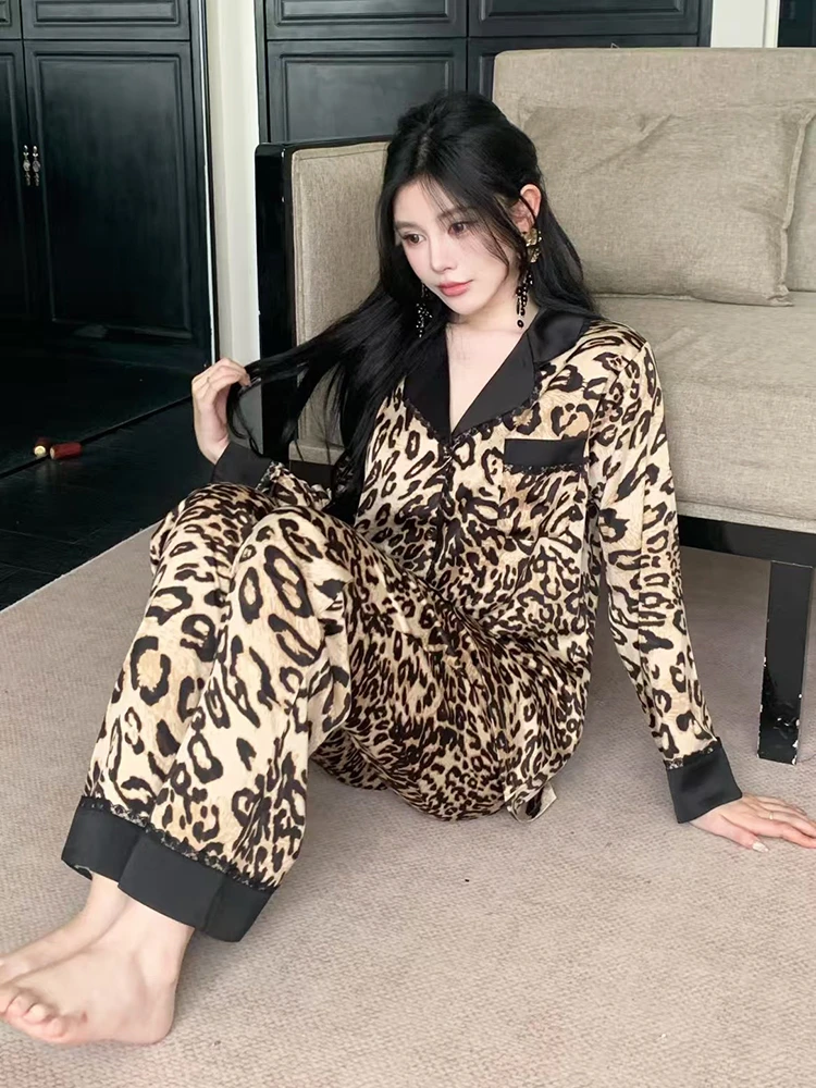奢华豹纹春秋款睡衣女长袖时尚高级感轻奢冰丝女睡衣家居服两件套