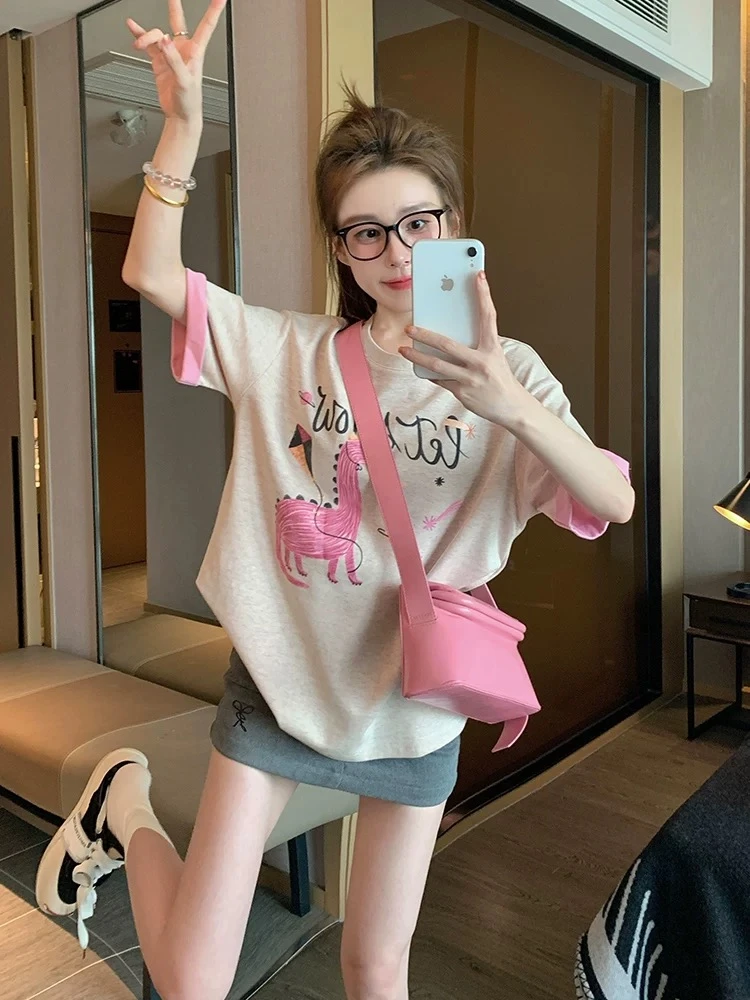 Y008 潮流洋气卡通撞色恐龙印花宽松休闲T恤高级感百搭上衣