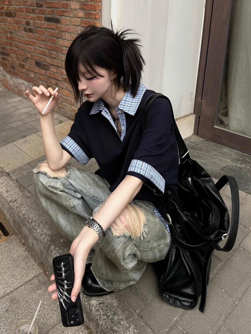 假两件polo衫t恤男女夏季新款miu系短袖宽松情侣上衣cleanfit潮流