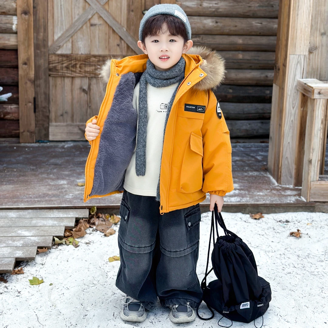 男童加绒派克棉服2025新款痞帅宝宝连帽棉衣儿童冬装棉袄加厚外套