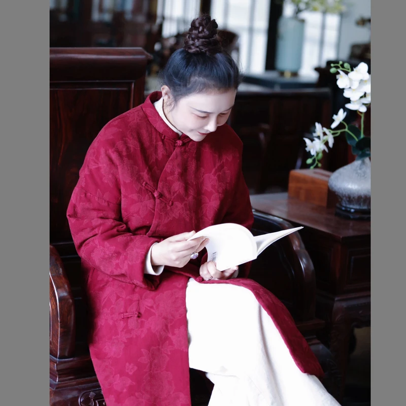 如素慢衣中国风麻棉提花立领斜襟手工盘扣加厚中长款棉衣36334