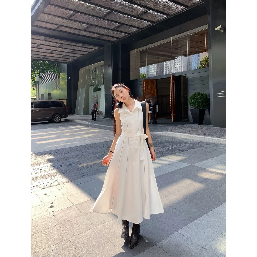 70不是七十【佩里月光】夏季韩版气质无袖拼花边分割梭织连衣裙