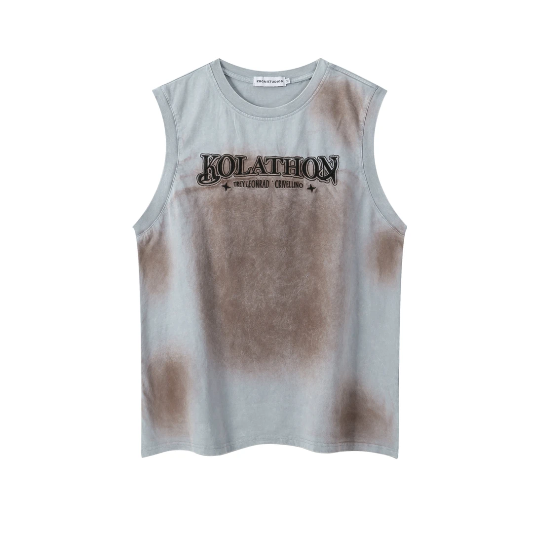 美式复古喷漆做旧坎肩背心男女oversize无袖汗衫运动情侣T恤