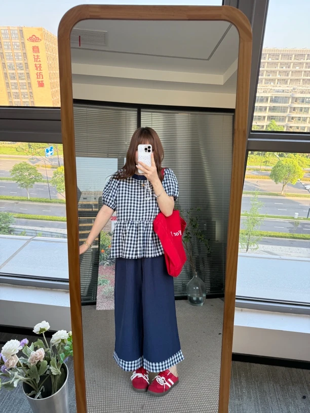 【鱼白专属】新款韩版洋气复古格子背心阔腿裤百搭两件套