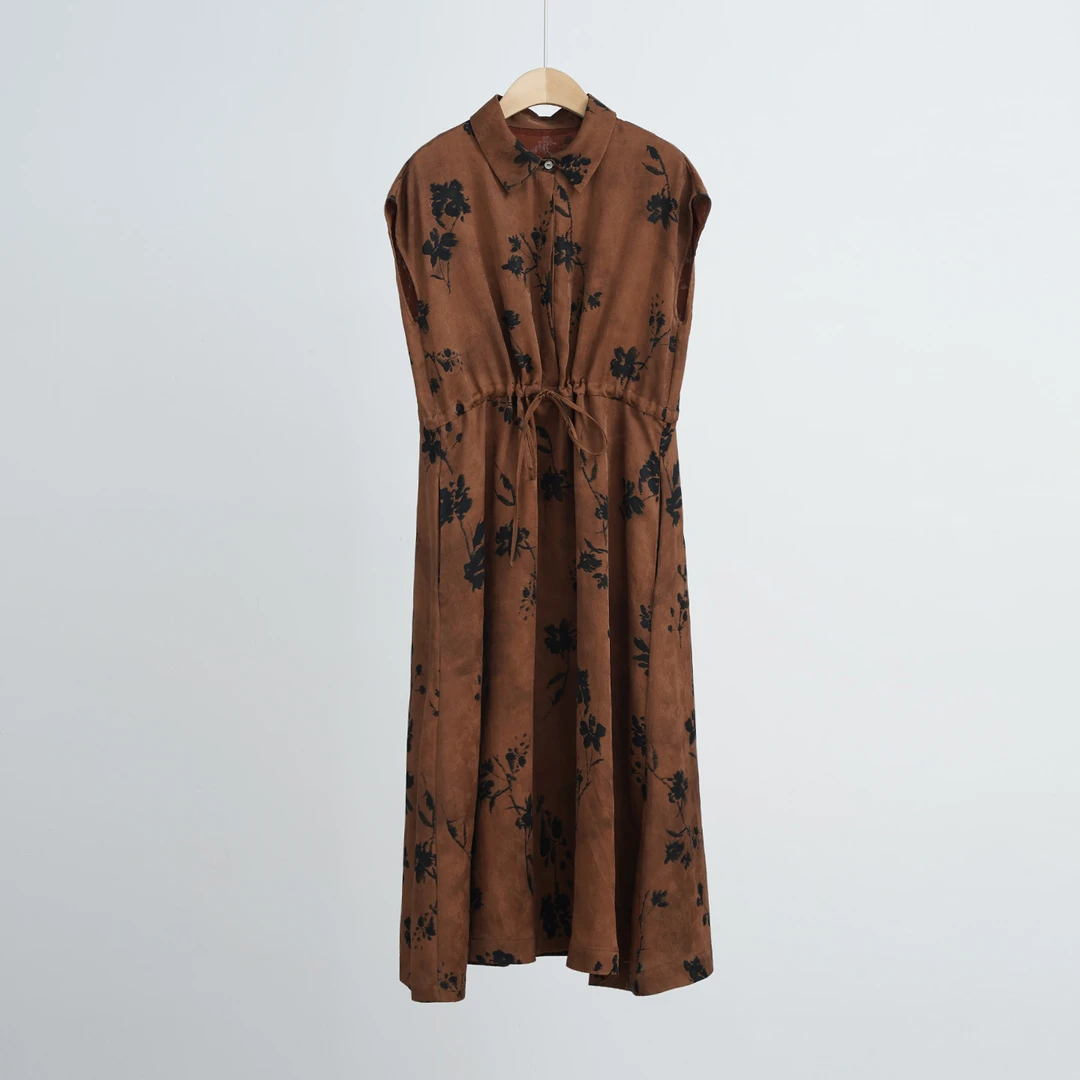 【高高货】红云纱薯莨100%桑蚕丝兰花印花女士连衣裙（251193）2369