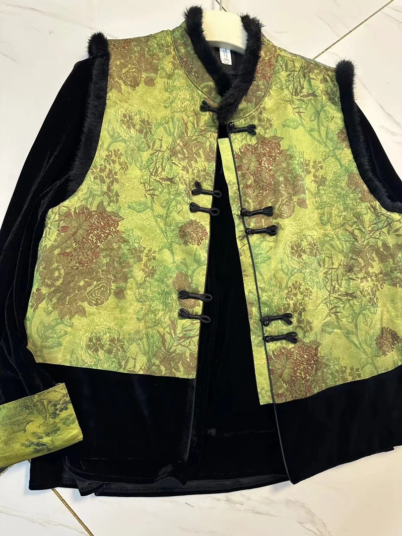 加棉厚款冬季民族风真丝拼接马夹宽松型背心马甲绿色外套风景圆领