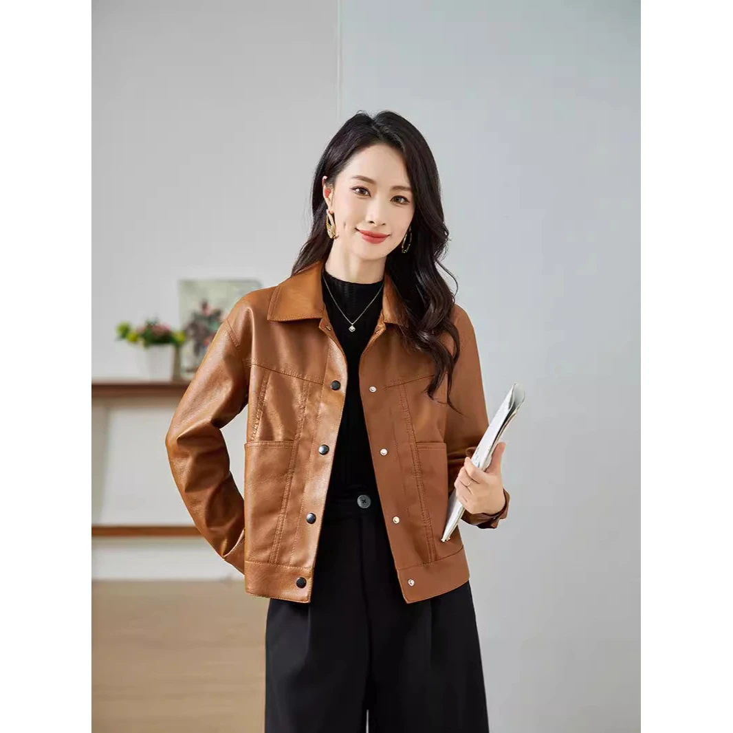 口袋法式印花标准常规款直筒皮衣秋季休闲皮夹克时尚复古春秋短款