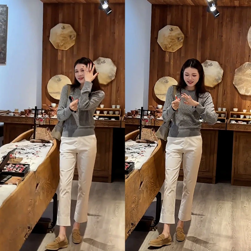 2025秋季新款设计感一整套时尚百搭长袖针织衫女白色休闲裤两件套