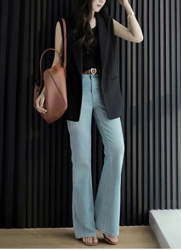 WANTHAT/凡黛卡直筒微喇裤四面弹高腰显瘦喇叭牛仔裤63787-2