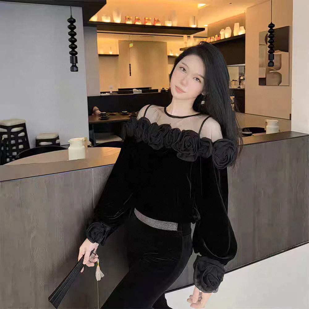 手工定制玫瑰真丝丝绒上衣