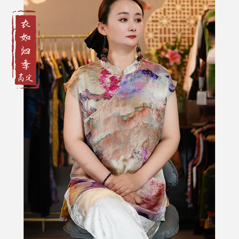 【花间】1587夏季新款奥黛国风百搭宽松立领提花中长款短袖小衫