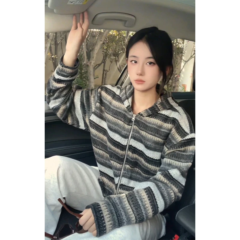 美式慵懒风条纹卫衣男款秋冬季复古毛呢帽衫宽松休闲连帽开衫外套