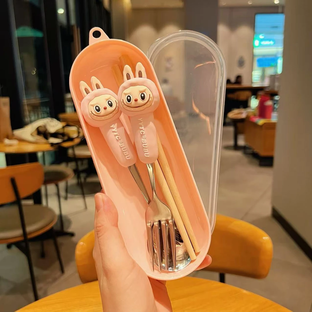 Labubu可爱勺子叉子筷子三件套高颜值卡通学生儿童便捷餐具套装