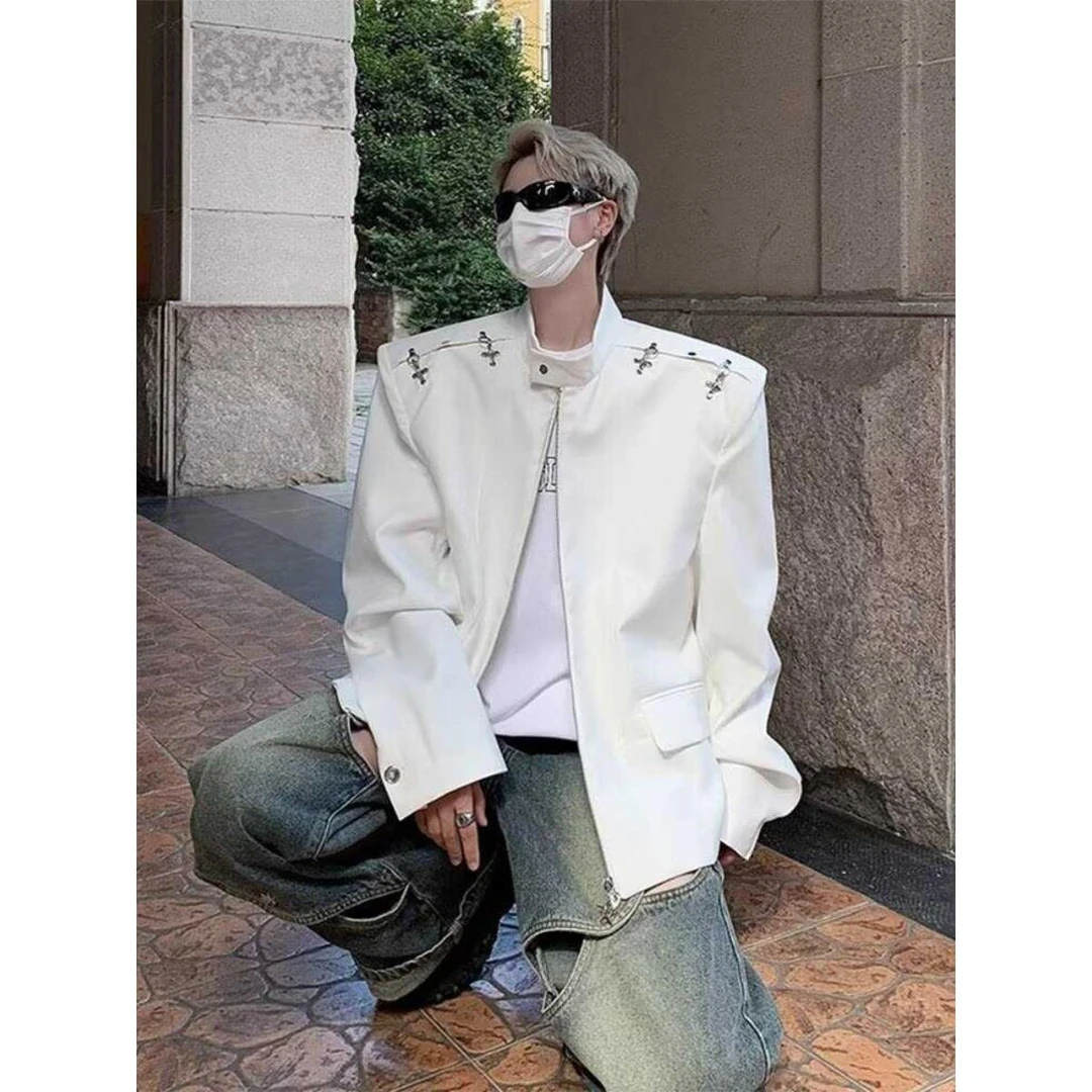 痞帅穿搭飞行员夹克金属解构正肩cleanfit外套男女宽松发型师上衣