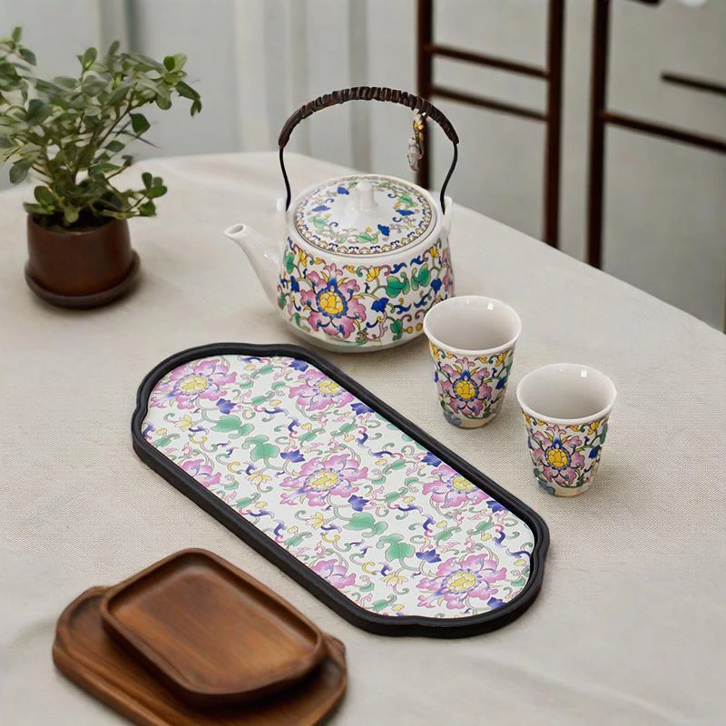 【陶制】冰灰釉珐琅彩提梁壶一壶二杯+椭圆吸水干泡盘-珐琅彩小清新