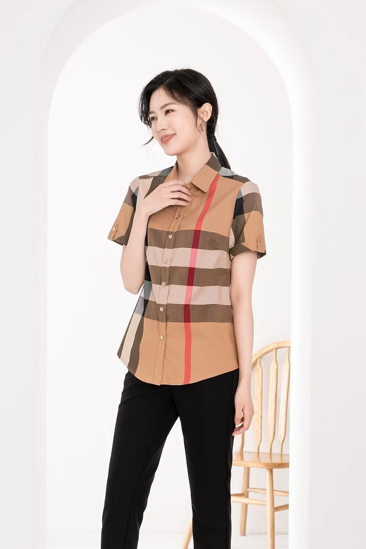 （驼粗格短袖衬衫）衬衣时尚休闲百搭女士夏季经典格纹